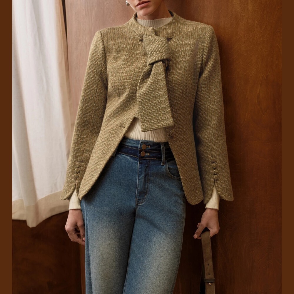 Tan Tweed Tie Neck Fitted Short Blazer
